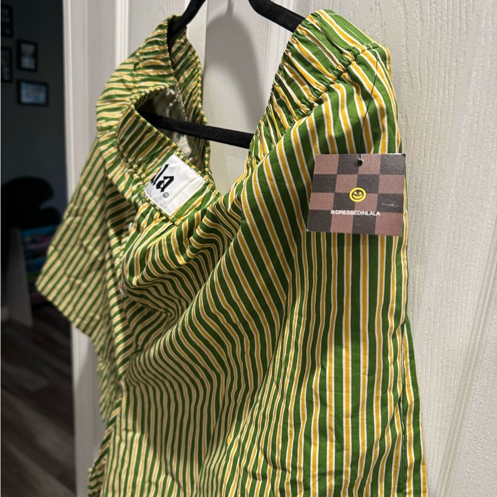 Dressed in LALA Green and Yellow Striped Button Down Shirt